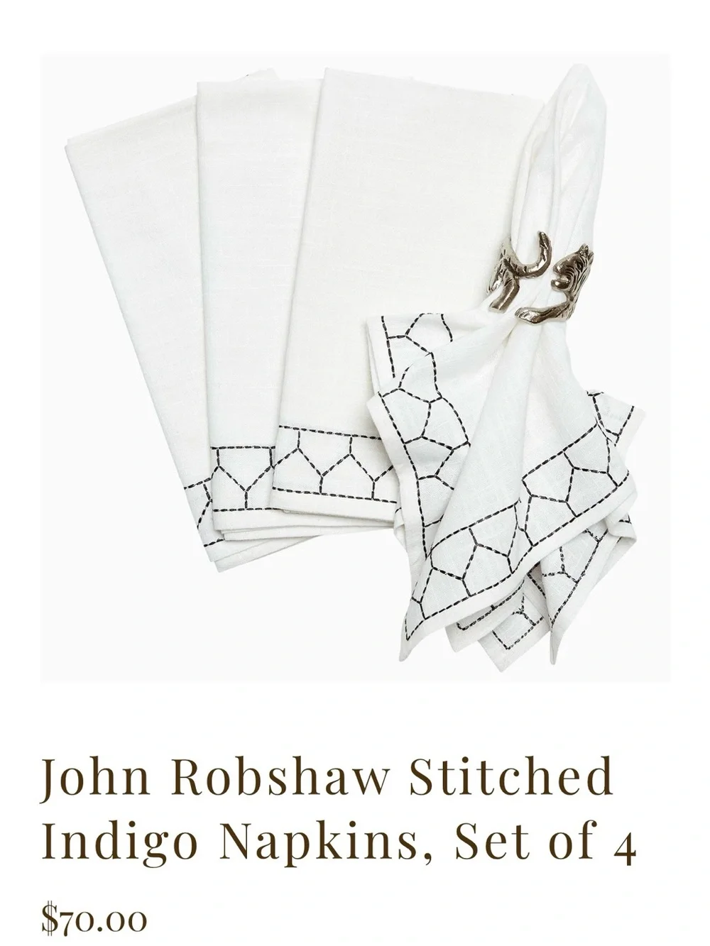 John Robshaw textiles white line silver stitch large napkins $70 retail NEW